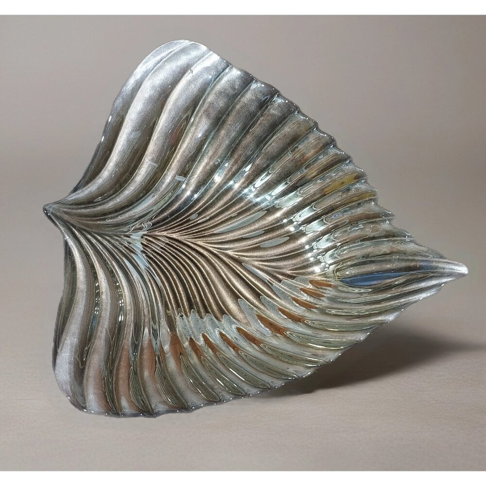 Bowl Akcam Gold Leaf Turkish Glass Holiday 13" x 12" x 3" Clear Silver Back